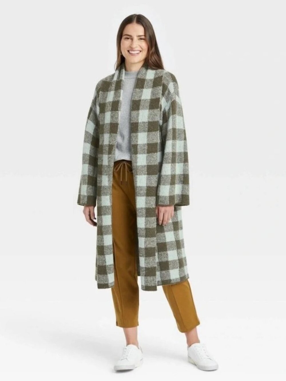 a new day Open-Front Green Plaid Sweater Cardigan Coatigan Size Small